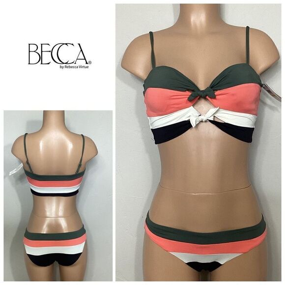 New…BECCA stripe color block bikini set. Retails $146. Medium - Picture 1 of 6